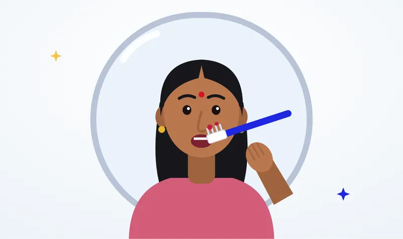 Illustration of a South Indian woman brushing her teeth at a mirror and noticing blood on the toothbrush