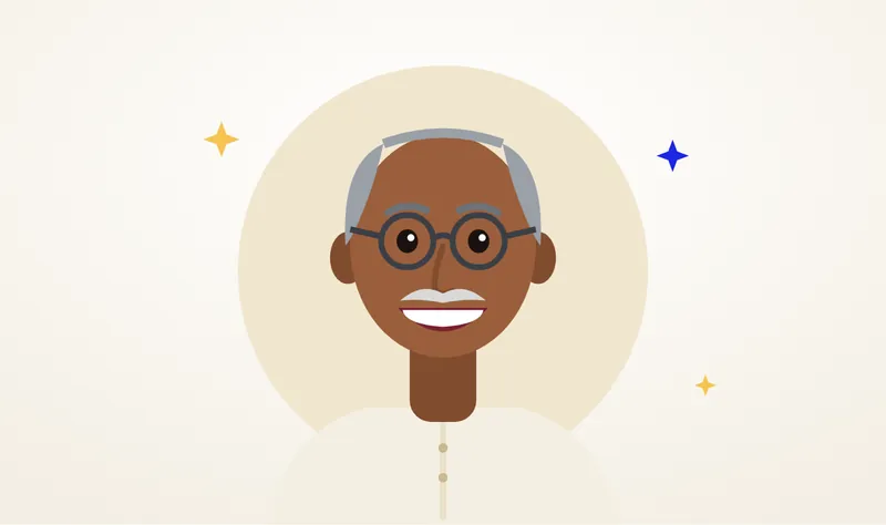Illustration of a smiling elderly South Indian man with grey hair and a full set of replacement teeth