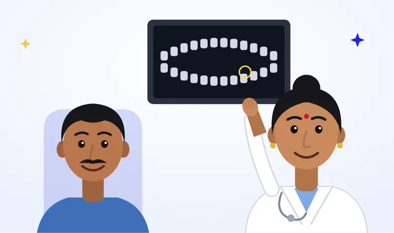 Illustration of a South Indian dentist showing a dental X-ray to a male patient in the dental chair