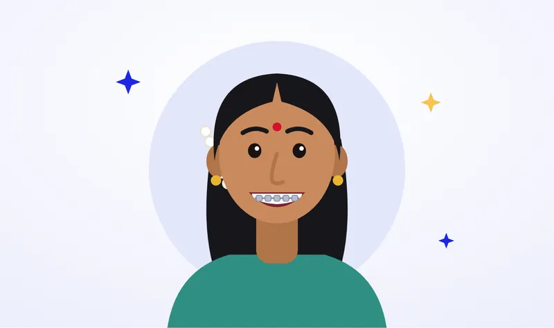 Illustration of a smiling South Indian teenage girl wearing metal braces