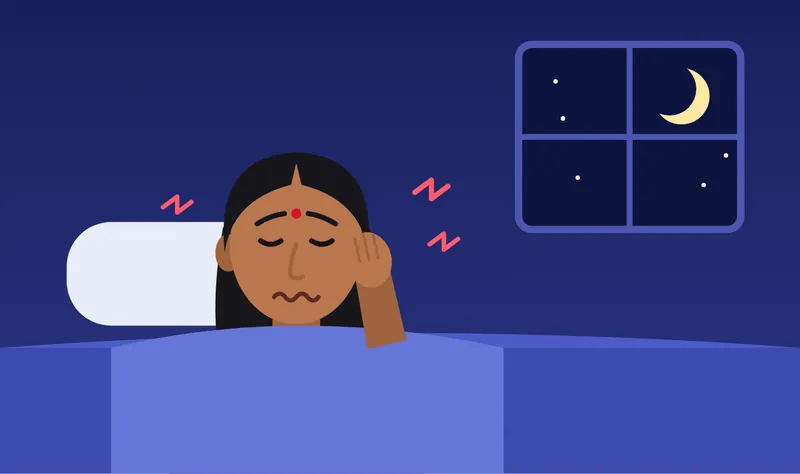 Illustration of a South Indian woman awake in bed at night holding her cheek because of a toothache, with the moon outside the window