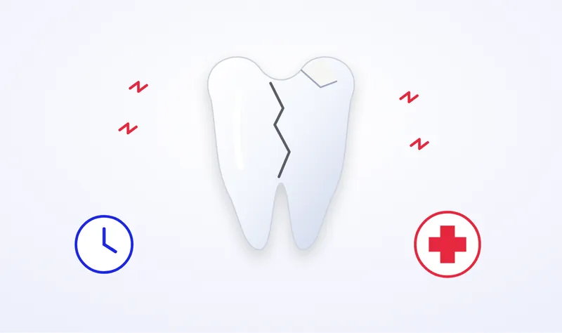 Illustration of a dental emergency: a cracked and chipped tooth with pain signals, a first-aid cross and a clock